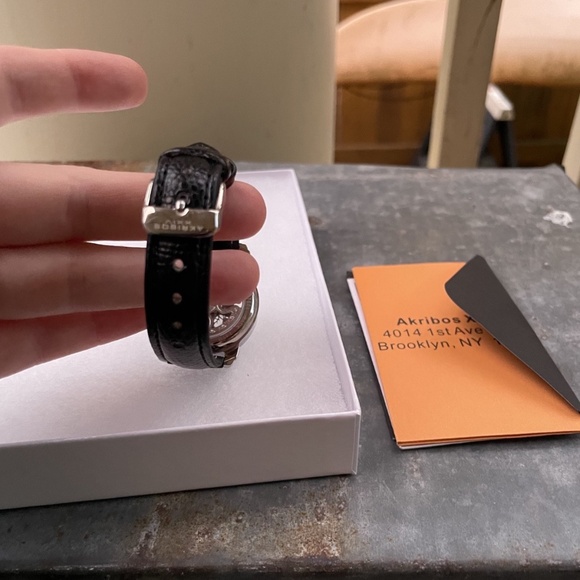 Akribos XXIV Women's Skeleton Automatic Black Leather Strap H20-Resistant Watch - Picture 2 of 5